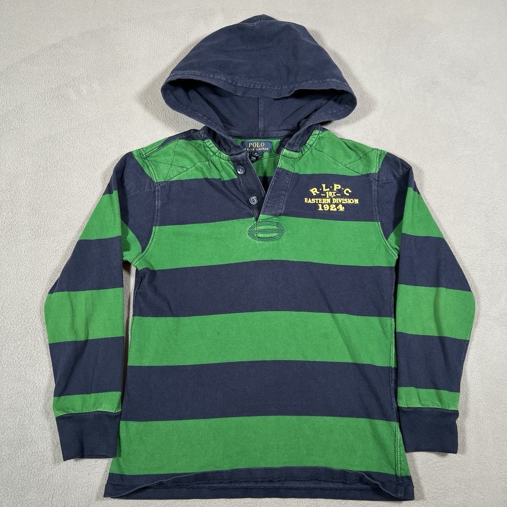 Polo Ralph Lauren Hooded Henley Shirt Kids M‎ Navy Blue Green Rugby Striped